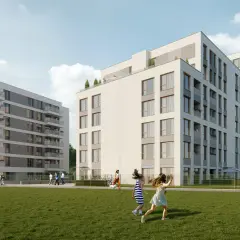 Nowoczesne bloki mieszkalne z balkonami, zielony trawnik i bawiące się dzieci.