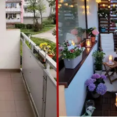 Przed i po metamorfozie małego balkonu: pusty vs. udekorowany kwiatami i lampkami.