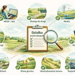 Ilustracja przedstawia listę kontrolną "Działka przed zakupem" z lupą i ikonami symbolizującymi różne aspekty zakupu.