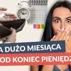 Pusta portmonetka, zegar, kalendarz i zaskoczona kobieta.