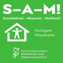 Grafika z napisem S-A-M!, ikoną domu z postacią i logo PFRON.