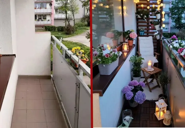 Przed i po metamorfozie małego balkonu: pusty vs. udekorowany kwiatami i lampkami.