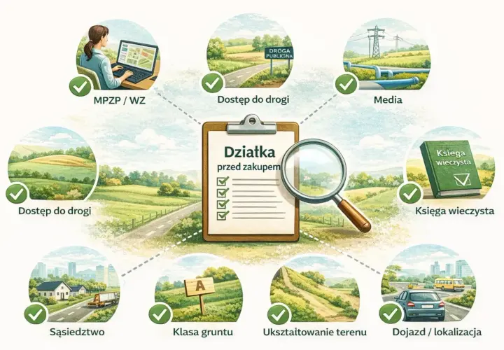 Ilustracja przedstawia listę kontrolną "Działka przed zakupem" z lupą i ikonami symbolizującymi różne aspekty zakupu.