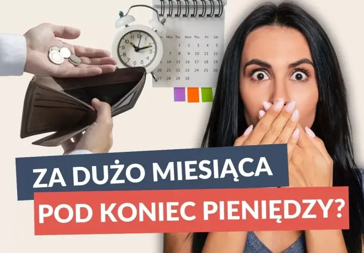 Pusta portmonetka, zegar, kalendarz i zaskoczona kobieta.