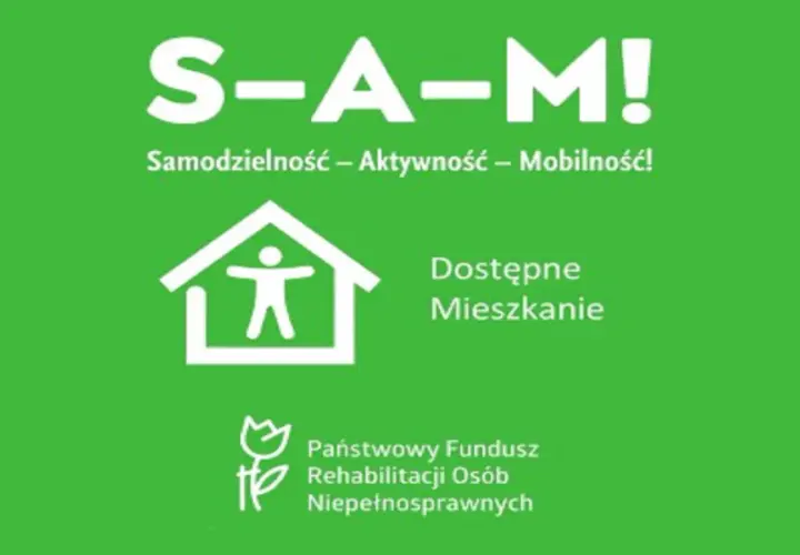 Grafika z napisem S-A-M!, ikoną domu z postacią i logo PFRON.