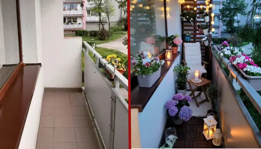 Przed i po metamorfozie małego balkonu: pusty vs. udekorowany kwiatami i lampkami.