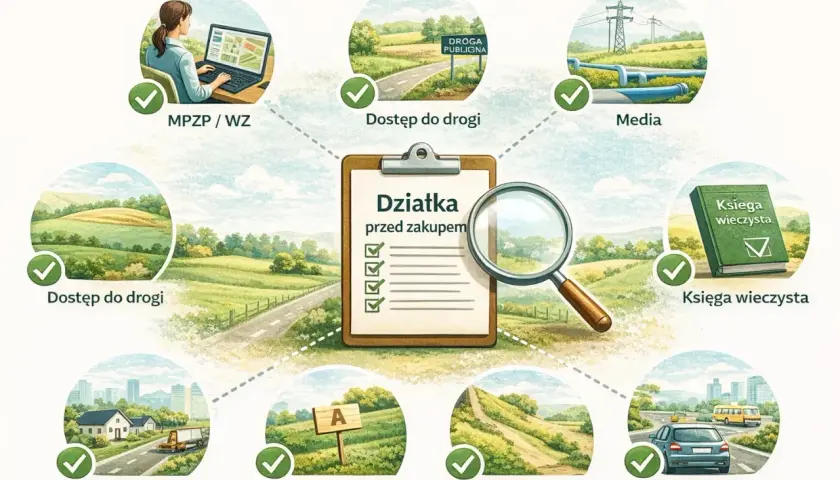 Ilustracja przedstawia listę kontrolną "Działka przed zakupem" z lupą i ikonami symbolizującymi różne aspekty zakupu.