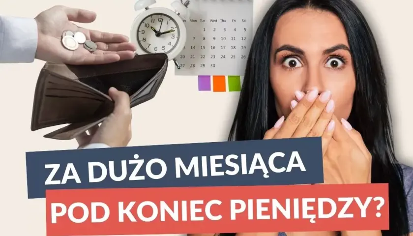 Pusta portmonetka, zegar, kalendarz i zaskoczona kobieta.