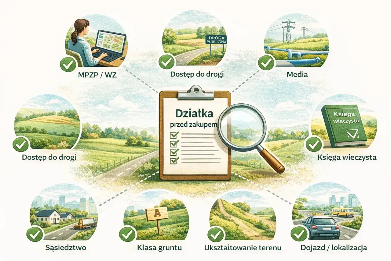 Ilustracja przedstawia listę kontrolną "Działka przed zakupem" z lupą i ikonami symbolizującymi różne aspekty zakupu.