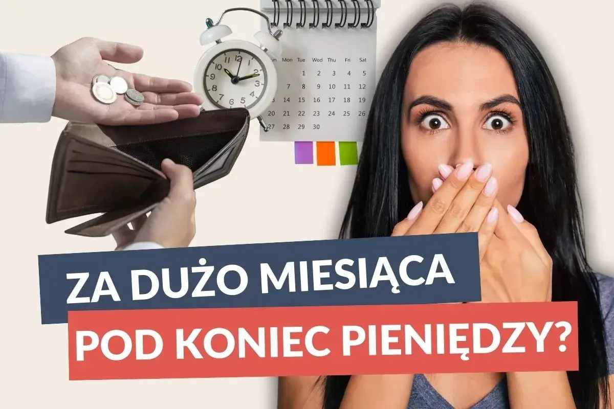 Pusta portmonetka, zegar, kalendarz i zaskoczona kobieta.