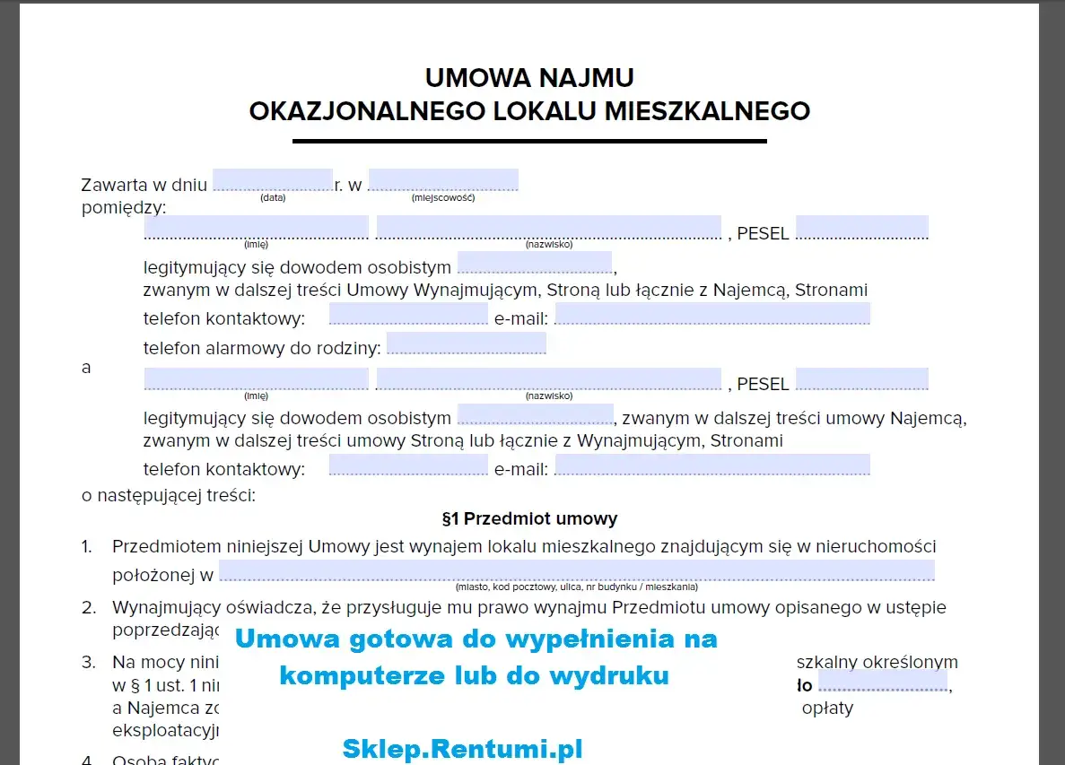 umowa najmu okazjonalnego wzór