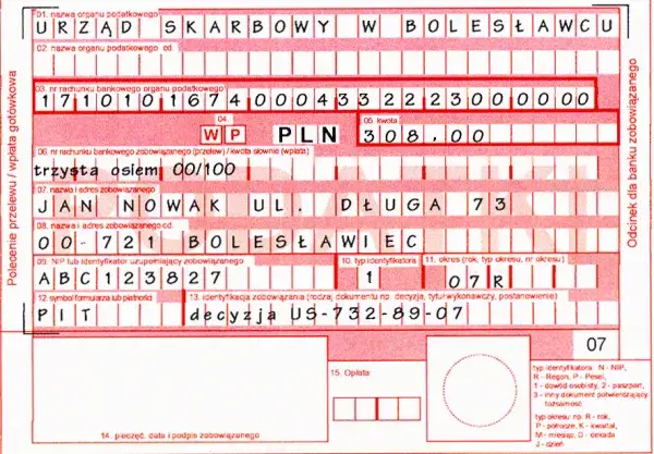 przykładowy przelew podatkowy ryczałt najem PPE