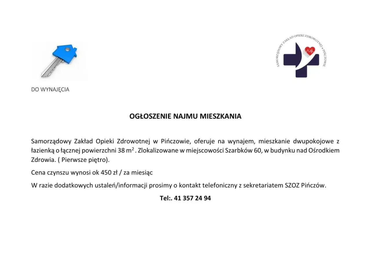 Ogłoszenie o wynajem mieszkania dwupokojowego 38 m² w Pińczowie. Cena 450 zł/miesiąc. Kontakt: 41 357 24 94.