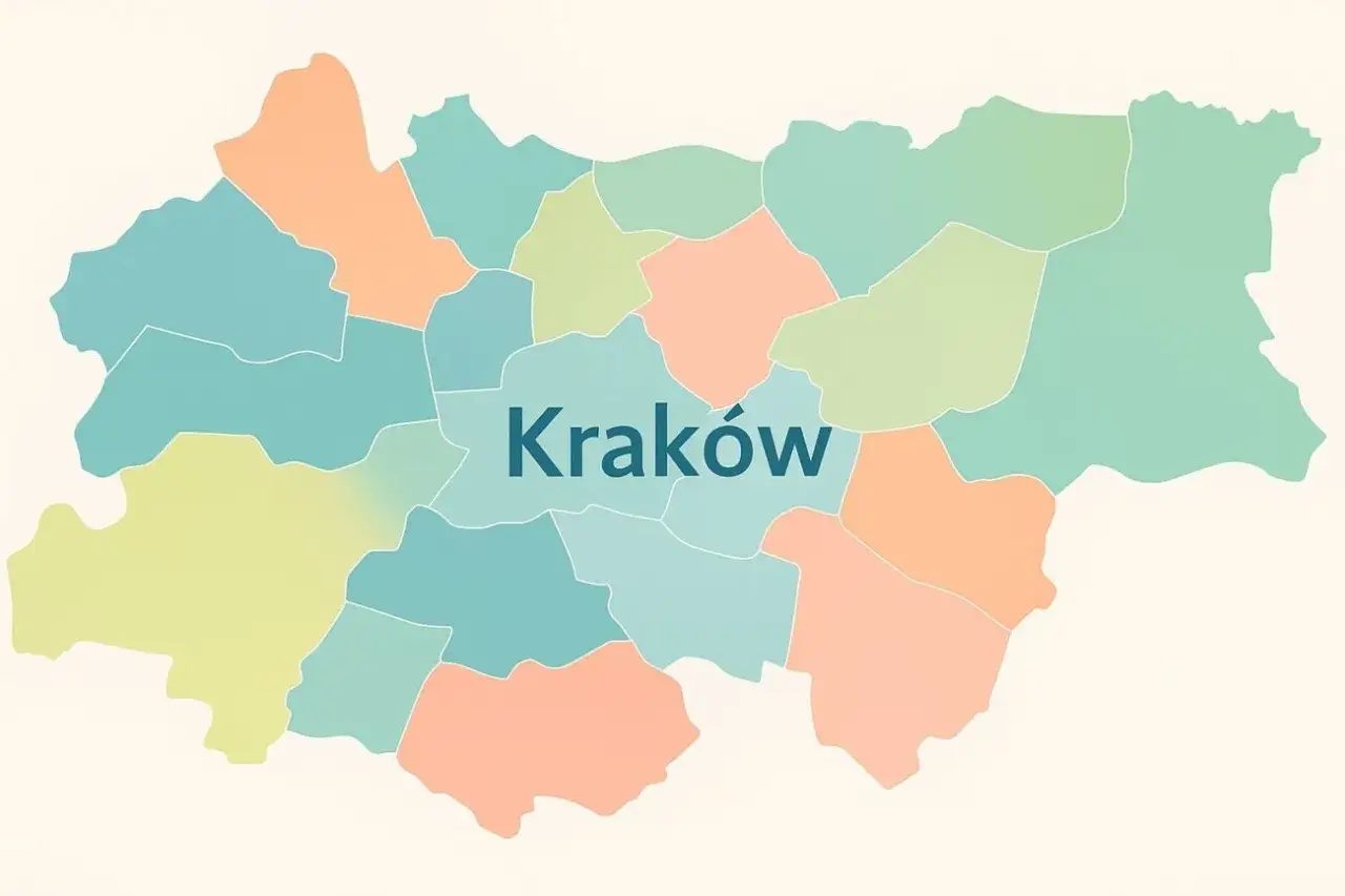 Mapa Krakowa z zaznaczonymi dzielnicami i orientacyjnymi cenami wynajmu pokoju