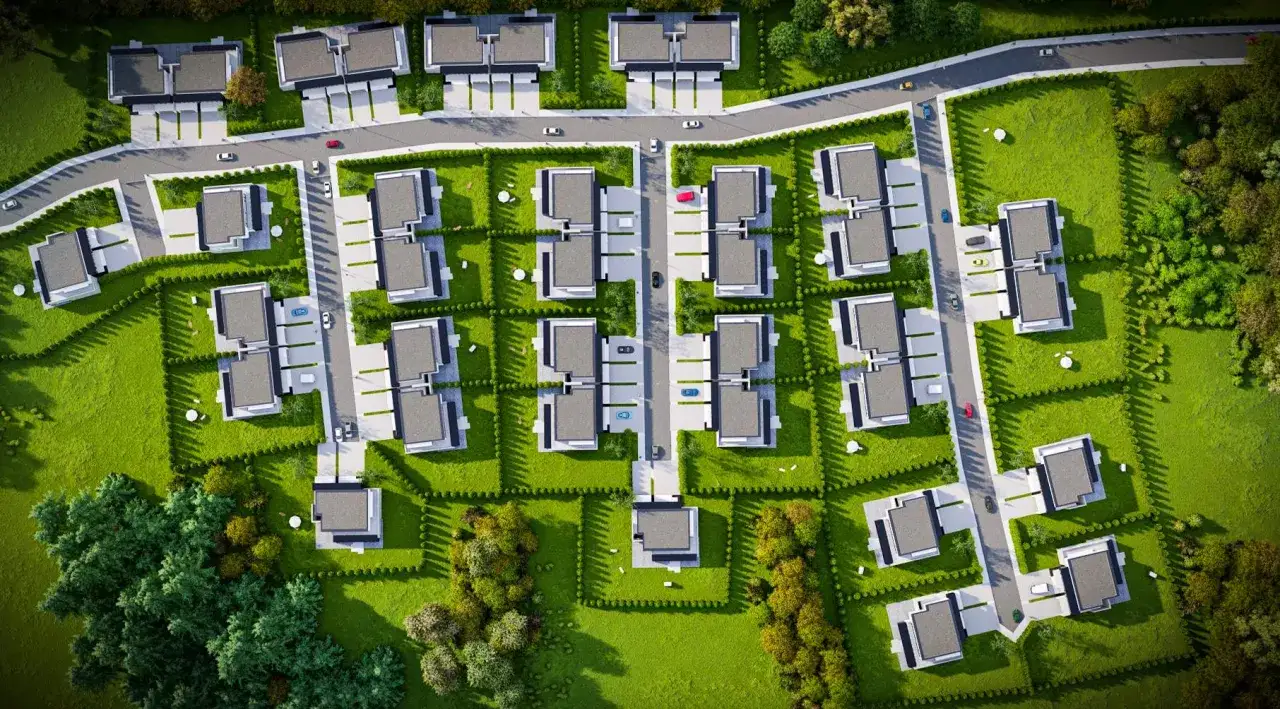 wizualizacja osiedla mieszkaniowego z planem budowy